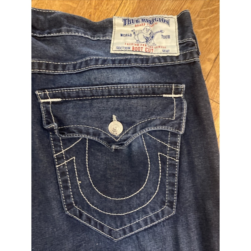 True Religion Boot Cut Blue Denim Jeans Men's Size 42x32 Wide Leg Flap Pockets - Picture 8 of 16